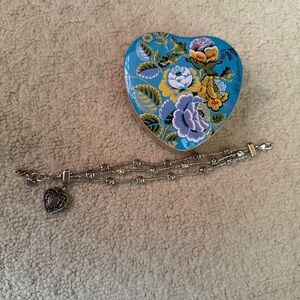 Brighton Triple Silver Beaded Bracelet w/Heart Charm w/ Tin
